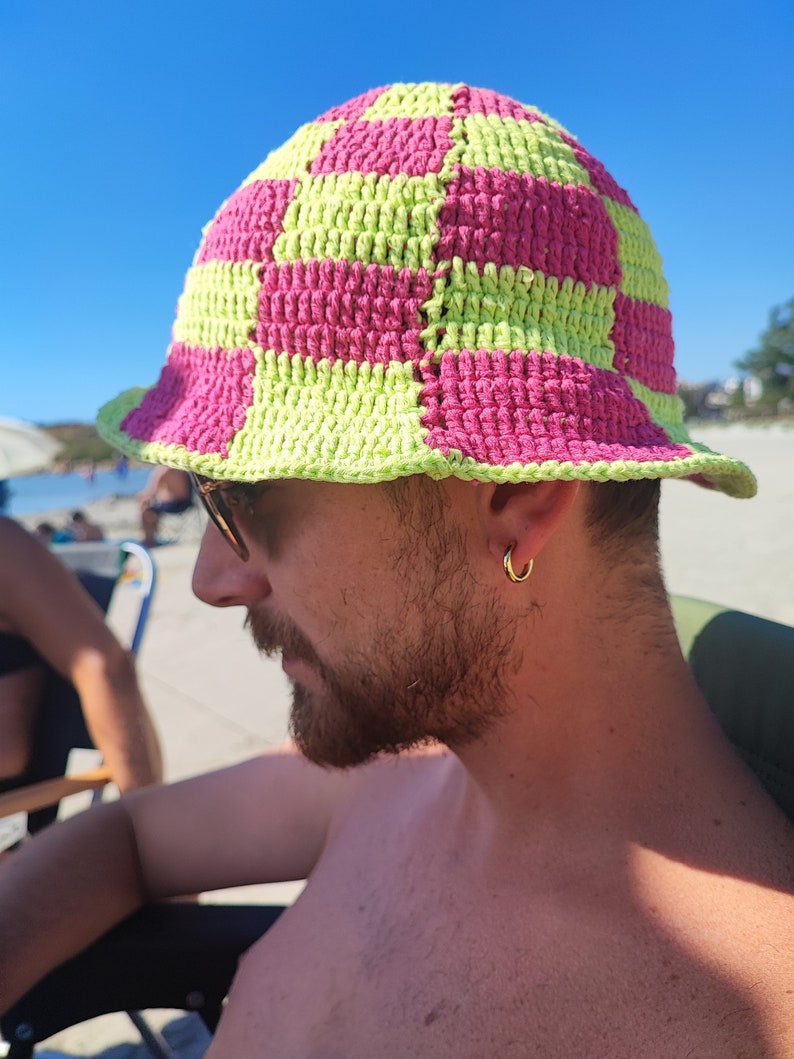 Checkered Bucket Hat, Pink Green Checkered Hat , Festival Hat, Crochet Hat, Bucket Hat, Cotton Bucket Hat, Knit Bucket Hat, Hippie Hat image 10