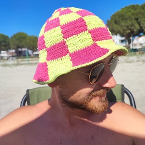 Checkered Bucket Hat, Pink Green Checkered Hat , Festival Hat, Crochet Hat, Bucket Hat, Cotton Bucket Hat, Knit Bucket Hat, Hippie Hat image 9