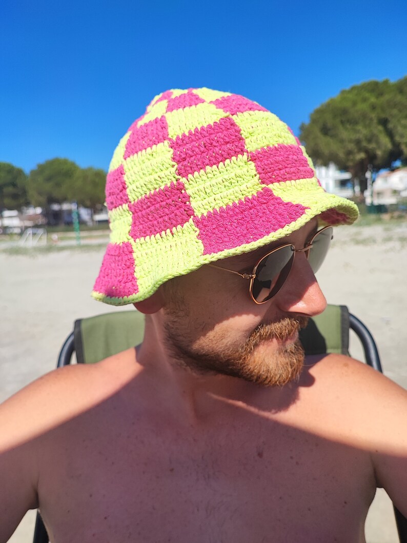 Checkered Bucket Hat, Pink Green Checkered Hat , Festival Hat, Crochet Hat, Bucket Hat, Cotton Bucket Hat, Knit Bucket Hat, Hippie Hat image 9