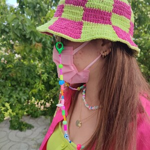 Checkered Bucket Hat, Pink Green Checkered Hat , Festival Hat, Crochet Hat, Bucket Hat, Cotton Bucket Hat, Knit Bucket Hat, Hippie Hat image 3