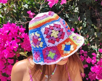 Colorful Bucket Hat, Granny Square Hat, Festival Hat, Crochet Hat, Bucket Hat, Rainbow Crochet Hat, Crochet Sun Hat, Handmade Bucket Hat