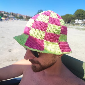 Checkered Bucket Hat, Pink Green Checkered Hat , Festival Hat, Crochet Hat, Bucket Hat, Cotton Bucket Hat, Knit Bucket Hat, Hippie Hat image 8