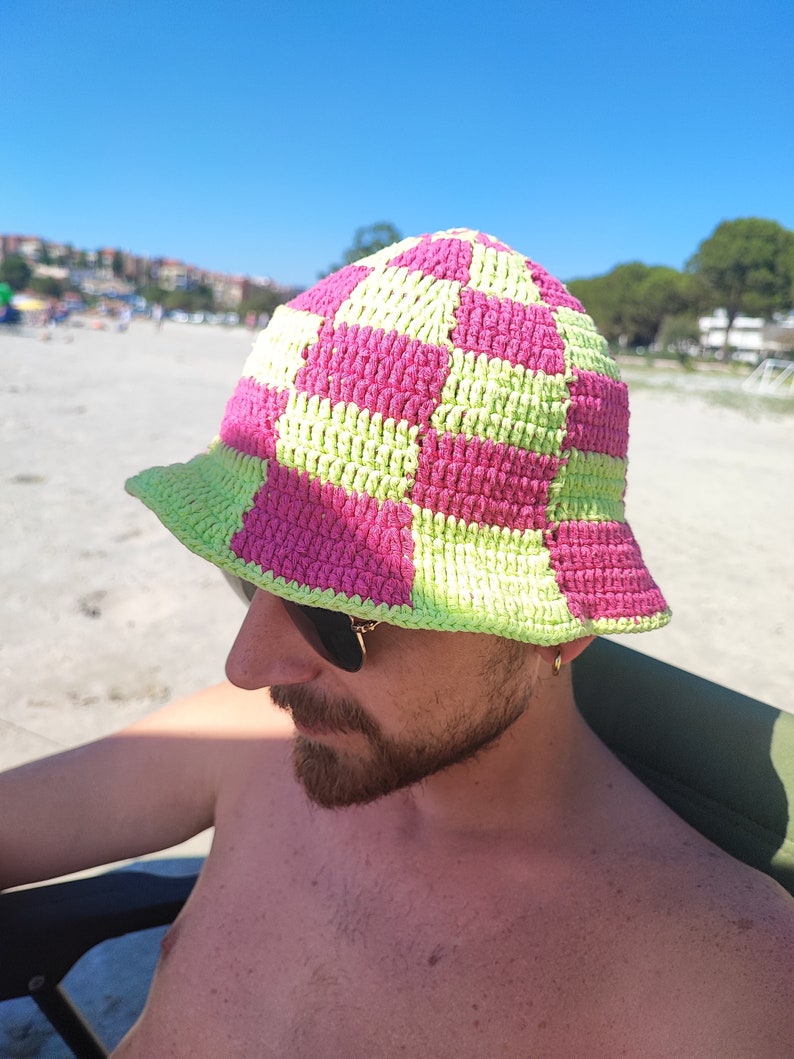 Checkered Bucket Hat, Pink Green Checkered Hat , Festival Hat, Crochet Hat, Bucket Hat, Cotton Bucket Hat, Knit Bucket Hat, Hippie Hat image 8