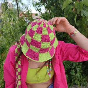 Checkered Bucket Hat, Pink Green Checkered Hat , Festival Hat, Crochet Hat, Bucket Hat, Cotton Bucket Hat, Knit Bucket Hat, Hippie Hat image 4