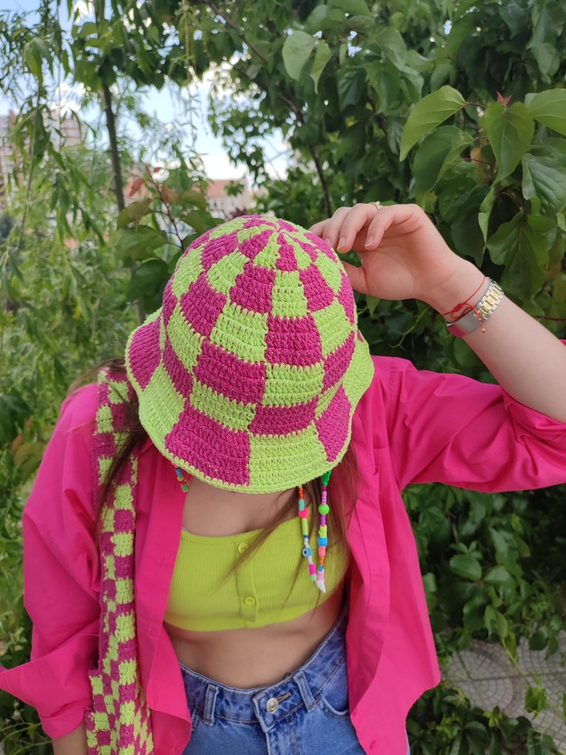 Checkered Bucket Hat, Pink Green Checkered Hat , Festival Hat, Crochet Hat, Bucket Hat, Cotton Bucket Hat, Knit Bucket Hat, Hippie Hat image 4