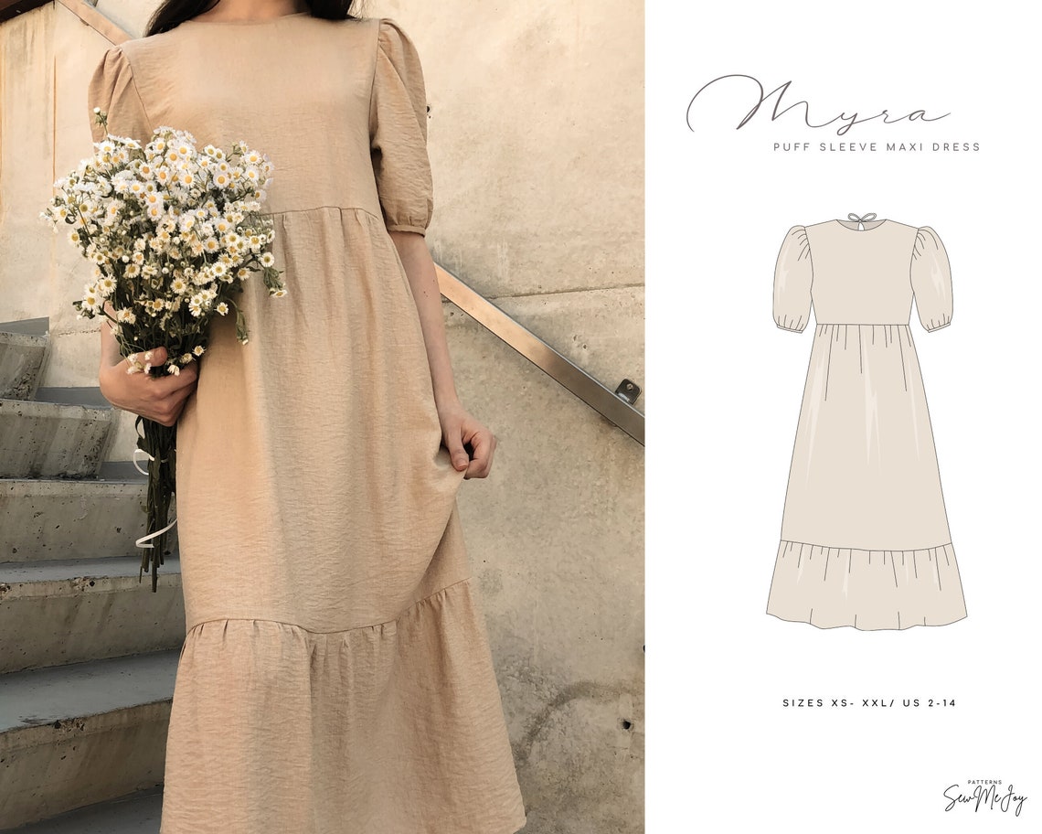 Short Puff Sleeves Maxi Dress PDF Sewing Pattern for Women Etsy