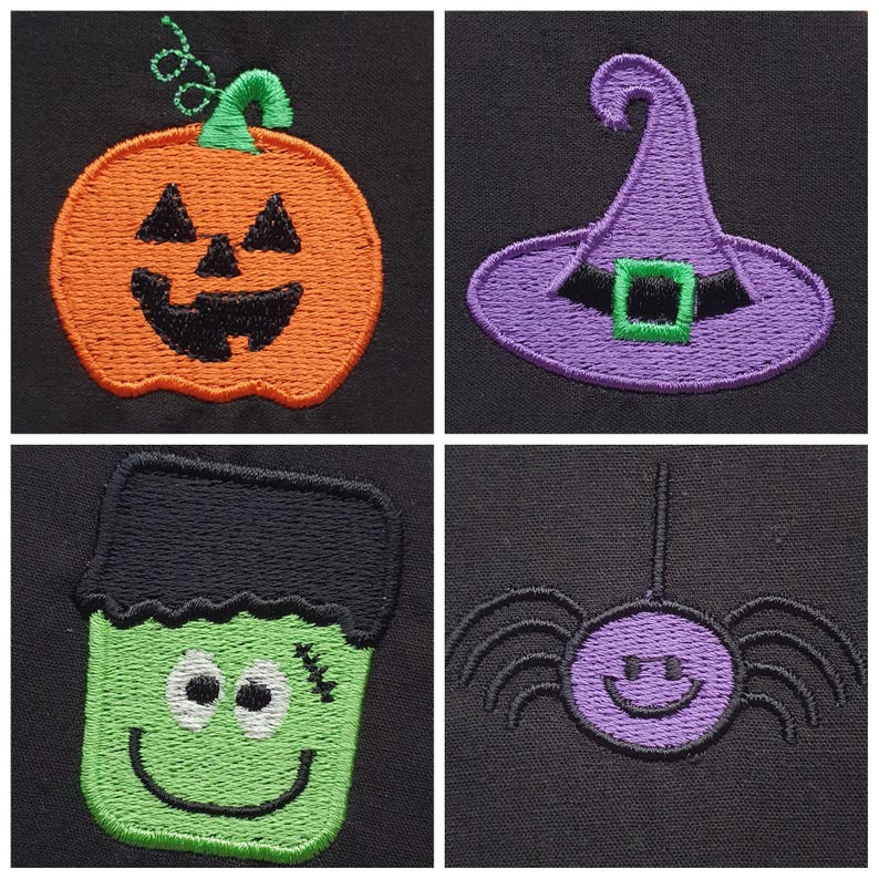 Pumpkin, purple witches hat, green monster with glow in the dark eyes and purple spider, embroidered onto black sweatshirts, close up to show each design. Machine embroidered in the UK