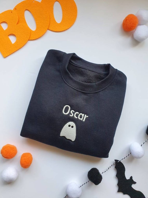 Personalized Kids Halloween Sweatshirt: Glow-in-the-Dark Embroidered Pumpkin, Ghost, Monster - Handmade UK