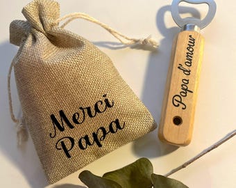 Apribottiglie in legno, personalizzato, messaggio a scelta, borsa in juta personalizzata, apribottiglie, regalo, compleanno, festa del papà