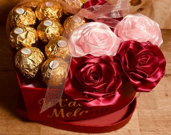 Confezione regalo, messaggio personalizzato sulla scatola, rosa stabilizzata fatta a mano, cioccolatini, San Valentino, 2 colori a scelta