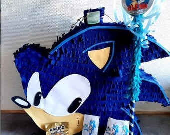 Large SONIC FILLED Pinata 15 Sonic gadgets and 10 bags of candy: Wooden STICK included First name and age on the back for your birthday