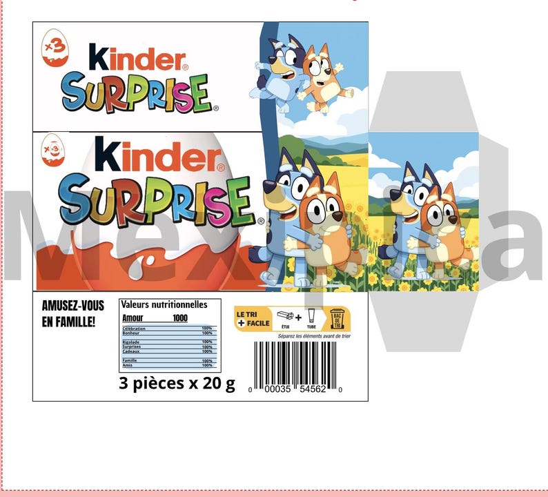 Pu&ograve; includere: Una scatola di uova Kinder Sorpresa con le parole "Kinder Surprise" in lettere colorate. La scatola presenta immagini di cani dei cartoni animati e il testo "AMUSEZ-VOUS EN FAMILLE!" e "3 pi&egrave;ces x 20 g".