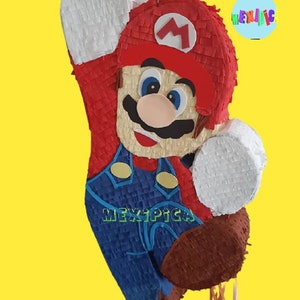 PINATA personalizzata artigianale Nome MARIO BROS, 70 cm di altezza, bastoncino incluso, piena di giocattoli, compleanno del bambino, giocattolo festivo