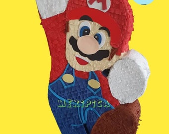 Piñata personalizzata fatta a mano con il nome MARIO BROS, alta 70 cm, con bastone incluso, ideale per una festa di compleanno per bambini.