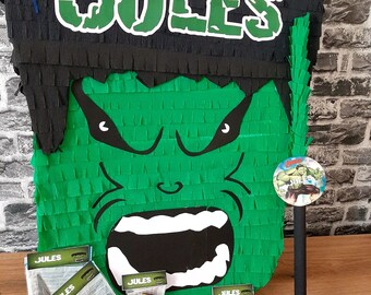 HULK handcrafted PINATA filled with 10 bags of toys, personalized stick included, child's birthday, personalized, neat