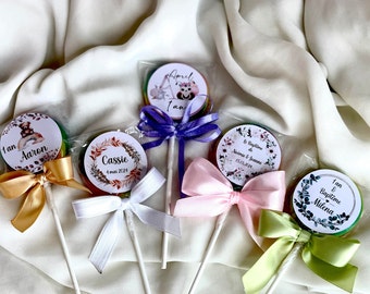 PERSONALIZED lollipops, image of your choice, SATIN ribbon birthday, baptism, wedding, baby shower, you imagine we create