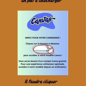 Pu&ograve; includere: Immagine con testo in francese, tra cui "Canvas" in un design blu e giallo. Il testo indica di fare clic su un pulsante per accedere a un modello Canva dopo il pagamento.