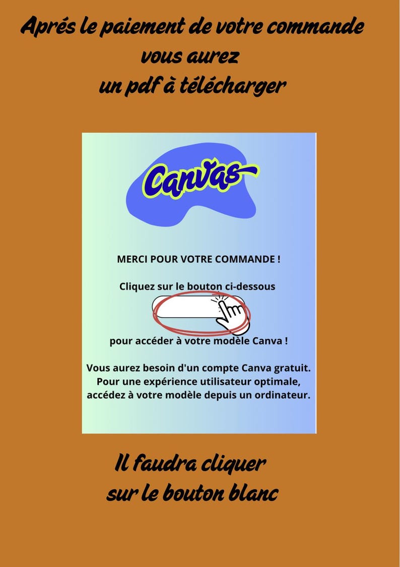 Pu&ograve; includere: Immagine con testo in francese, tra cui "Canvas" in un design blu e giallo. Il testo indica di fare clic su un pulsante per accedere a un modello Canva dopo il pagamento.