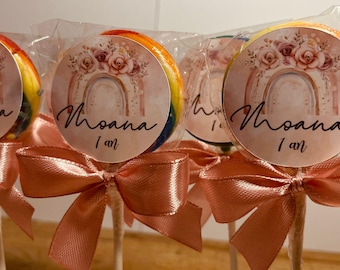 1 to 500 Pretty PERSONALIZED lollipops - SATIN ribbon - Image of your choice - Birthday - Christening - Wedding - You imagine it, we create it!