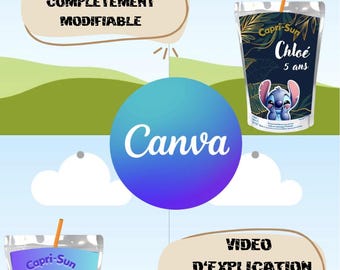Modello Capri-Sun, completamente modificabile, con spazio per le cannucce. Include un video esplicativo gratuito, sfondi e immagini.