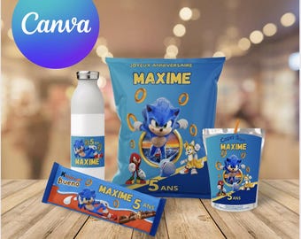Template di Sonic per personalizzare e decorare i tuoi compleanni. Tutto è modificabile su tela. Decora i tuoi eventi a basso costo.