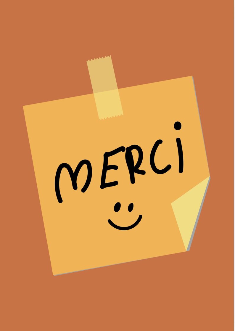 Pu&ograve; includere: Un post-it giallo con la parola "merci" in grafia nera e una faccina sorridente. Il biglietto &egrave; attaccato a uno sfondo marrone con un pezzo di nastro adesivo.
