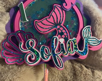 Bellissimo cake topper a forma di sirena, personalizzabile con nome ed età, decorazione di alta qualità per feste di compleanno per bambini.