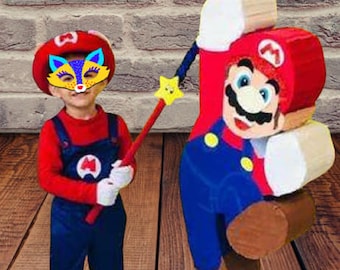 PINATA artisanale personnalisée MARIO BROSS ,  70 cm en hauteur, bâton inclus, garnie de jouets, anniversaire enfant, jouet festif