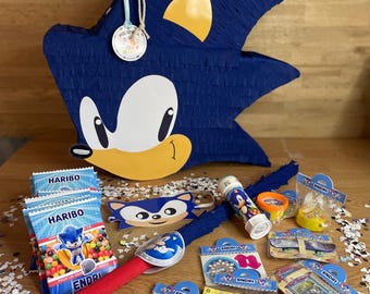 Piñata SONIC personnalisée prénom et âge, seule ou garnie, 10 jouets personnalisés thème sonic, BÂTON en bois décoré, anniversaire enfant