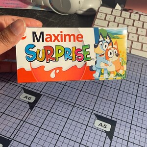 Pu&ograve; includere: Una scatola rettangolare di caramelle Maxime Surprise. La scatola presenta le parole "Maxime SURPRISE" in lettere colorate. Il lato destro della scatola presenta un'immagine dei cartoni animati di Bluey e Bingo. La scatola &egrave; tenuta da una mano.