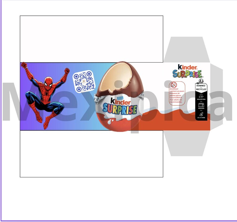 Pu&ograve; includere: Un ovetto Kinder Sorpresa parzialmente scartato, con guscio di cioccolato. La confezione presenta Spider-Man e le parole "Kinder Sorpresa". &Egrave; visibile anche un codice QR.