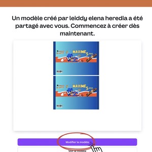 Pu&ograve; includere: Screenshot di una pagina web in francese. Il testo include "Ensuite cette page s'affichera" e "cliquer sur modifier le mod&egrave;le". La pagina presenta un design con due immagini blu e bianche con il testo "MAXIME 5 ANS" e un logo Kinder Bueno. Un pulsante viola dice "Modifier le mod&egrave;le".