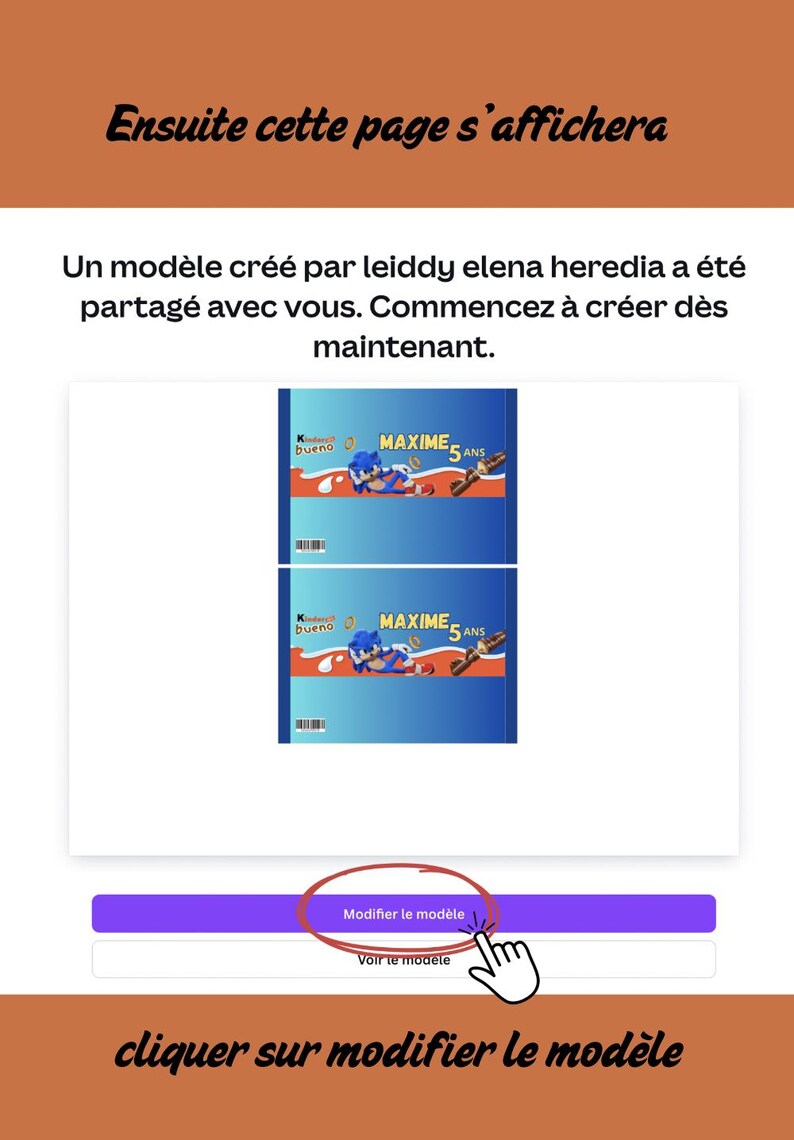 Pu&ograve; includere: Screenshot di una pagina web in francese. Il testo include "Ensuite cette page s'affichera" e "cliquer sur modifier le mod&egrave;le". La pagina presenta un design con due immagini blu e bianche con il testo "MAXIME 5 ANS" e un logo Kinder Bueno. Un pulsante viola dice "Modifier le mod&egrave;le".