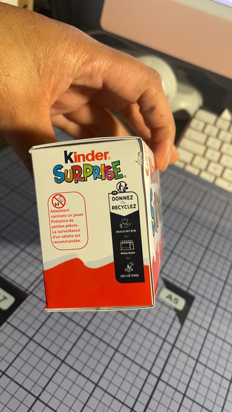 Pu&ograve; includere: Una scatola di uova Kinder Sorpresa, con il marchio in rosso e la parola &laquo;SURPRISE&raquo; in lettere colorate. La scatola presenta testo in francese che avverte della presenza di piccole parti e della necessit&agrave; di supervisione da parte di un adulto. Include anche simboli di riciclaggio.