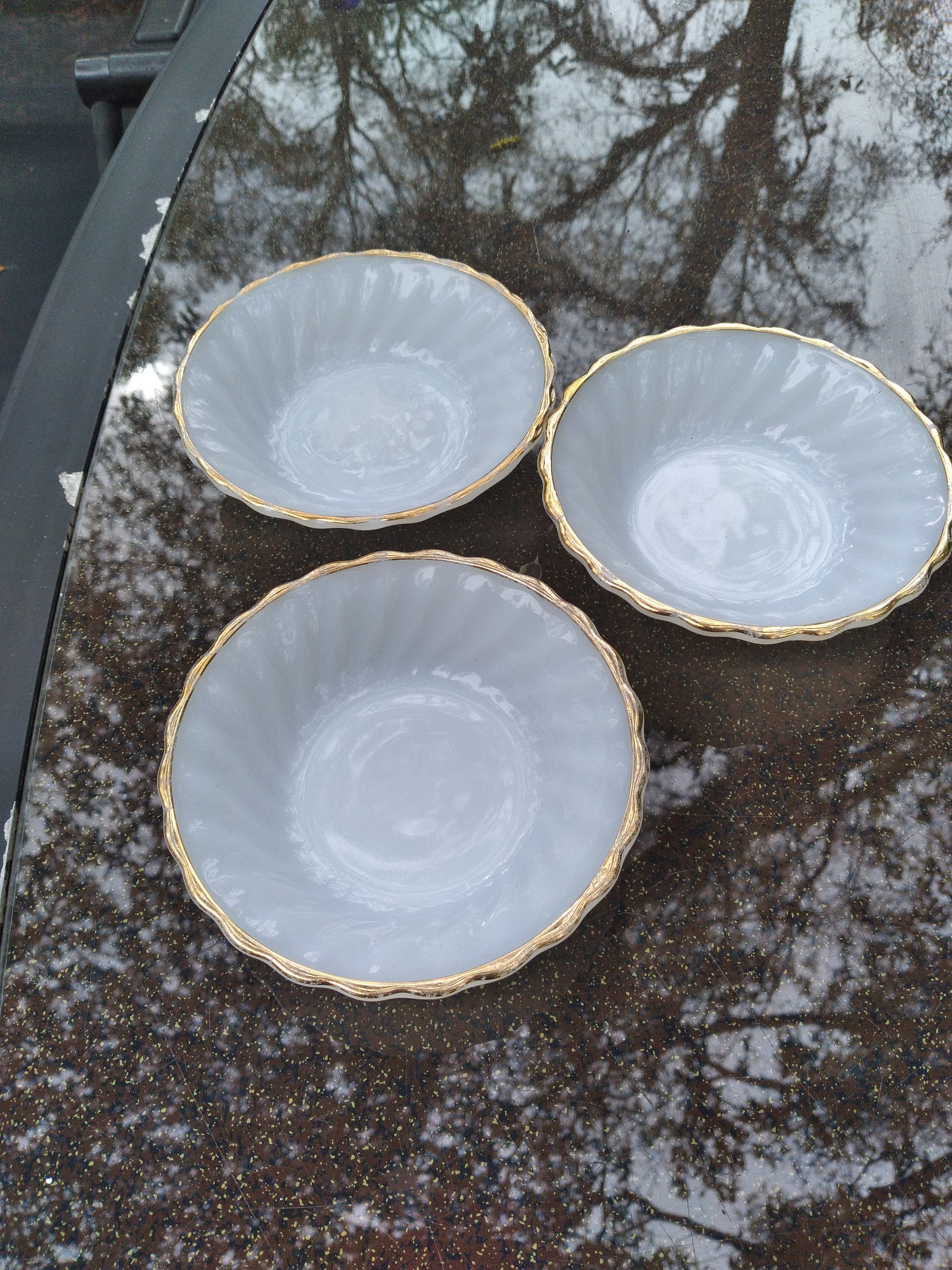Fire King 'Golden Shell' milk glass dessert bowls set Etsy