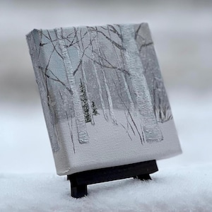 Aspens in Winter, Colorado Rocky Mountains Snowscape, original landscape painting 4”x4” stretched canvas, mantel shelf decor small wall art