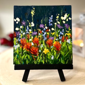 Colorado Wildflower Meadow, hand-painted mini landscape with optional easel (or frame), oil on wood 4x4” small unique art decor + a gift box