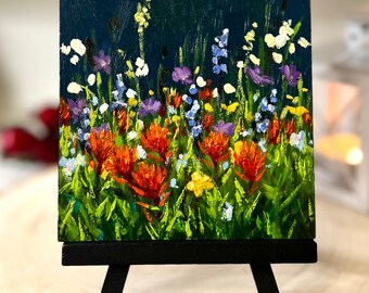 Colorado Wildflower Meadow, hand-painted mini landscape with optional easel (or frame), oil on wood 4x4” small unique art decor + a gift box