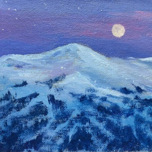 Peak 8 in Breckenridge at night, Moon over snow covered Rockies, snowscape painting on canvas board,  5”x7” oil landscape on canvas board