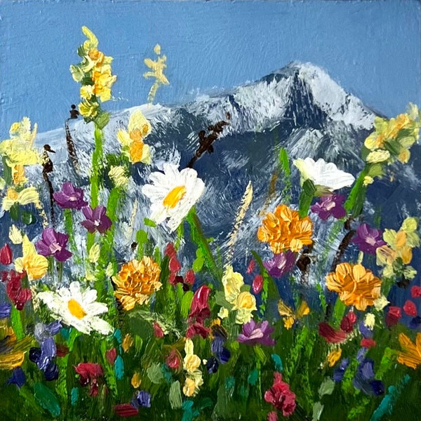 Colorado Alpine Wildflowers, mini paysage peint à la main avec chevalet, huile sur bois, 4'x4 » non encadré, petit cadeau de Noël unique avec une boîte