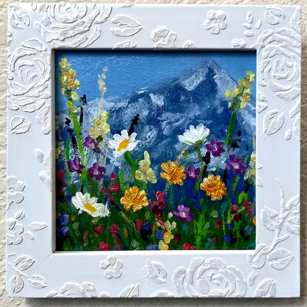 Custom-made 4" x 4" (5” x5”) WHITE WOODEN FRAME with a floral pattern for a painting or a print with a sawtooth picture hanger