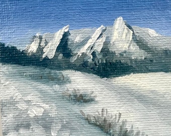 Flatirons in Winter, Boulder Colorado, miniature oil painting with tiny easel, landscape on 2.6x2.6” canvas board, original shelf decor art