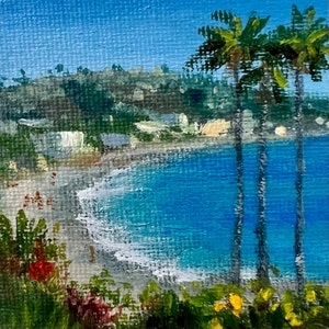 Laguna Beach Pacific Coast Cali, miniature oil painting with mini easel, tiny landscape on 2.6x2.6 inches canvas board original shelf decor