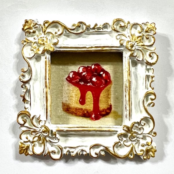 Dollhouse Cheese Cake Picture, tiny vintage gold framed dessert still life ready to hang 2”x2” square wall art Victorian style mini decor