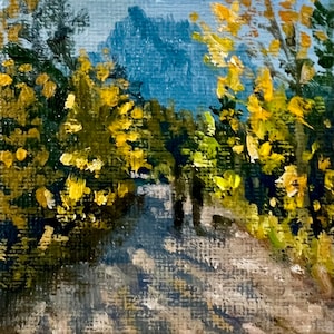 Colorado Sunlit Aspens, miniature oil painting with mini easel, tiny landscape on 3”x3” wood board, original shelf or mantel decor art