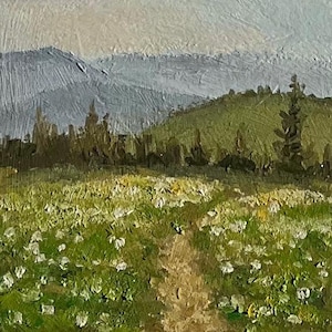 Warm Summer Morning in Colorado, a small 3”x3” landscape oil painting with easel, original new home decor or housewarming gift for a hiker