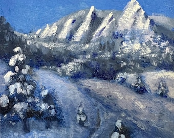 Flatirons Winter Oil Painting: Colorado Rocky Mountains Art (3x3" with Easel)