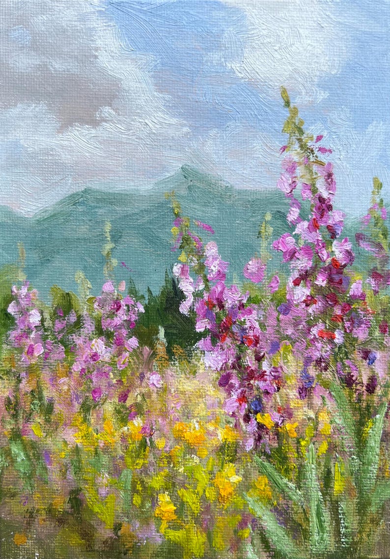 Fireweed Wildflower in Breck Painting | Original Mountain Landscape Oil Art | Small Rocky Mountain Wall Decor 5x7 | Alpine Meadow Canvas Pan