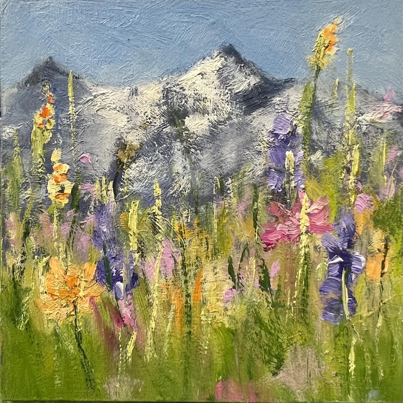 Colorado Alpine Wildflowers, hand-painted mini landscape with easel, oil on wood, 4'x4” not framed, small unique Christmas gift with a box