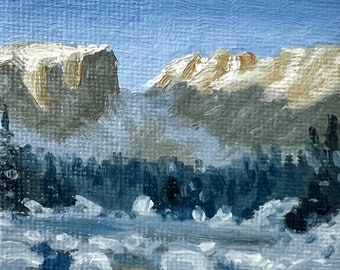 RMNP in Winter, Dream Lake Colorado, miniature oil painting with tiny easel, landscape on 2.6x2.6” canvas board, original shelf decor art